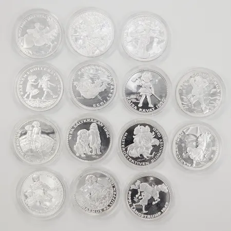Myntsamling, 14st, Ø38,5mm, Astrid Lindgren 1907-2002, 999/1000 silver, träschatull, Vikt: 376 g Skickas med postpaket.