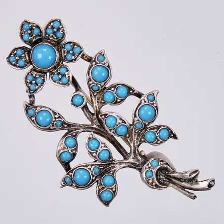 Brosch med turkosa stenar, svensk importstämpel, längd ca 45mm, bredd ca 25mm, 935/1000 silver Vikt: 6,4 g