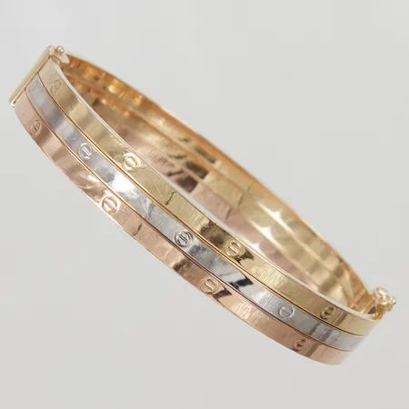 Armring, öppningsbar, inre omkrets 17,5cm, bredd 9,3mm, trefärgat, OBS: Ej märkesdesign! 14K,  Vikt: 12,1 g