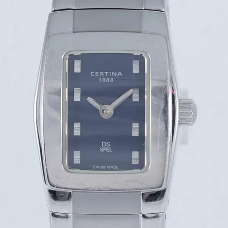 Damur Certina DS Spel, stål, boett ca 33 x 23 mm, safirglas, quartz, ref.nr 322.7155.42, marinblå urtavla, stållänk, innermått ca 17 cm, bruksslitage. Går ej, batteribyte krävs? Inga tillbehör.