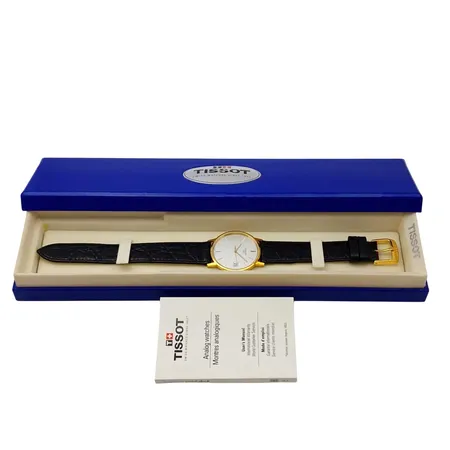 Herrur Tissot Goldrun, 18K guld, Ø33,5 mm, quartz - behov av nytt batteri, modellnummer t71341131, safirglas, datum, gravyr " För nit och redlighet...", originalbox, original skinnband och spänne, manual, från 2003, toppskick,  Vikt: 0 g