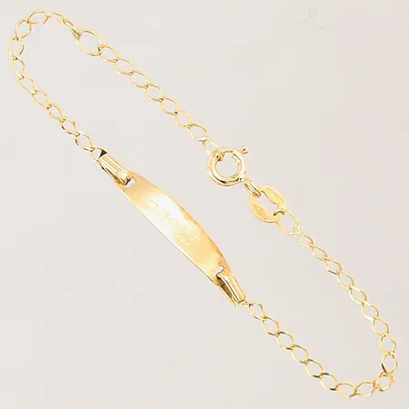 Barnarmband med bricka, längd: 14cm, bredd: 2,2-5mm, gravyr, 18K  Vikt: 1,2 g