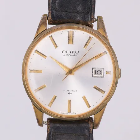 Herrur Seiko, automatisk, Ø36mm, nr 903793, 7005-2000, stål, står still, repigt glas, slitet läderband
