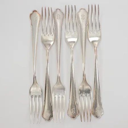 6 Gafflar, modell Chippendale, 17,8cm, gravyr, GAB år 1944-46, 830/1000 silver,  Vikt: 196,3 g