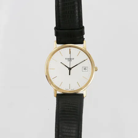 Herrur Tissot, 14K, quartz, datum, Ø36mm, läderarmband och spänne ej original, personlig gravyr, slitage, inga övriga tillbehör. 