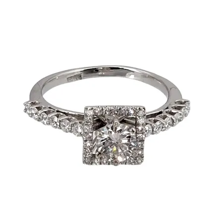 Diamantring, 18K vitguld, Diamanter 1 x 0,45ct (ca SI2) + 12 x 0,02ct + 24 x 0,005ct, utrikiska stämplar, Ø16¼ mm, bredd 1,5 - 8 mm, fint skick Vikt: 3,1 g