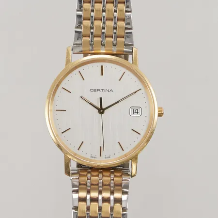Herrur Certina 18K, 33mm, quartz, batteribyte krävs, gravyr, band i doublé, går ej. 