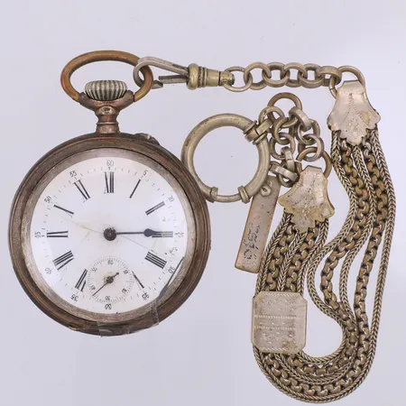 Fickur silver, manuell, Ø49mm, löst glas, långa visaren av, 800/1000 silver, kedja i metall Vikt: 74 g