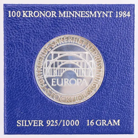 Minnesmynt riksdagen 1984, nominellt värde 100kr, 925/1000 silver, etui Vikt: 16 g