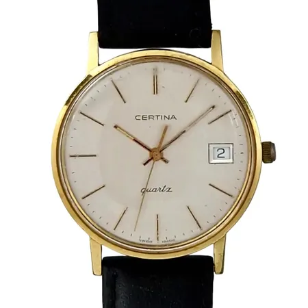 Herrur Certina, 14K guld, Ø33,5 mm, quartz - behov av nytt batteri, boettnummer 115.3810.65, gravyr, intryckning, sliten krona, repigt glas,