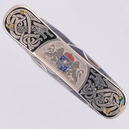 Fällkniv, riksvapnet, emalj, 8cm, färgbortfall, gravyr