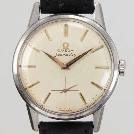 Herrur Omega Seamaster, stål, manuell, Ø 35mm, liten sekundvisare, ref: 14389-61-CSP, serienummer: 18393837, Cal 268, skadad urtavla, läderarmband ej original