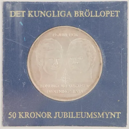 Minnesmynt, Kungliga bröllopet, Konung Carl XVI Gustaf, Drottning Silvia, 19-juni-1976, 50KR, Silver 925/1000 27g.
