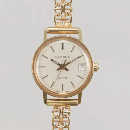 Damur Certina 14K, 22mm, quartz, x-länk i 18K, totallängd ca 17cm, batteribyte krävs, går ej, gravyr, 18K bruttovikt 20,2g.