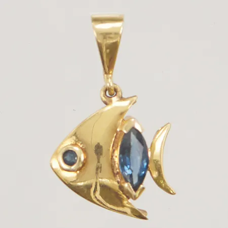 Hänge, "fisk", 15mm, blå stenar, 18K 1,8g.
