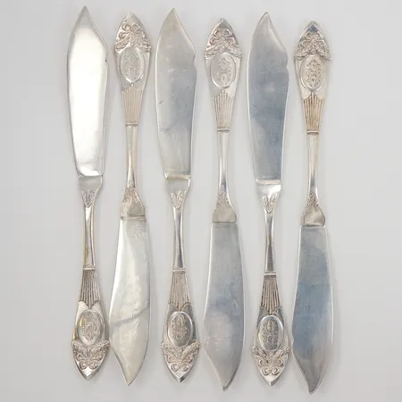 6 Fiskknivar, modell Empire, 20,8cm, monogramgravyr, K.Anderson år 1907, silver,  Vikt: 317,6 g