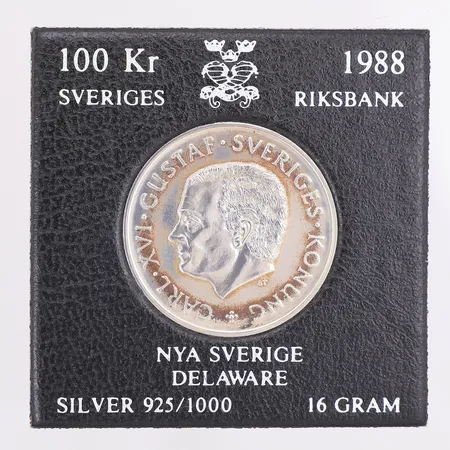 Minnesmynt Nya Sverige, 1988, nominellt värde 100kr, 925/1000 silver, etui Vikt: 16 g