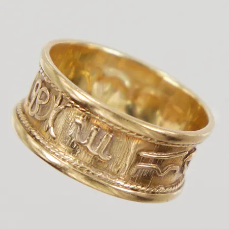 Ring, stl 19¾, bredd 9,8mm, 12 stjärntecken, ostämplad 18K,
