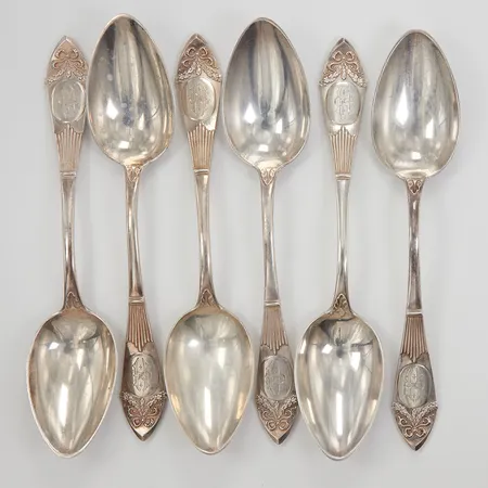 6 Skedar, modell Empire, 18,5cm, monogramgravyr, K.Anderson år 1907, silver,  Vikt: 307,9 g
