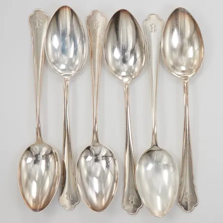 6 Skedar, modell Chippendale, 18cm, gravyr, GAB år 1944-46, 830/1000 silver,  Vikt: 225,3 g