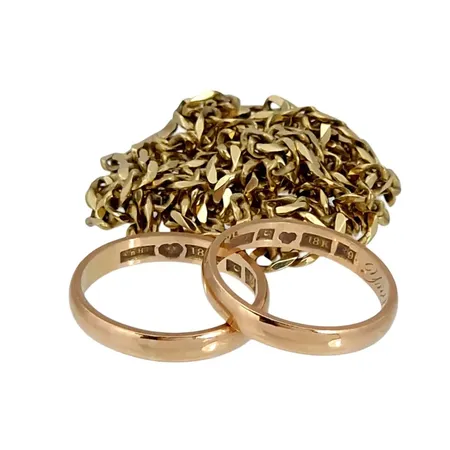Diverse smycken, 14K guld - vikt 13,5g, 18K guld - 6,4g, slitage, gravyrer