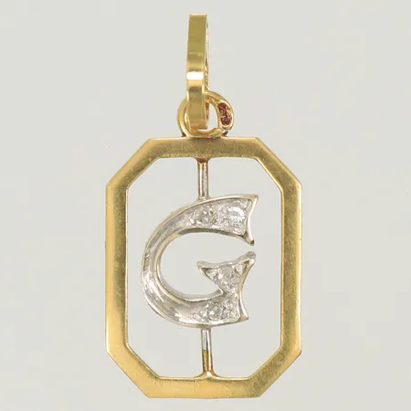 Hänge "G" tvåfärgat med vita stenar, längd 22mm, bredd, 1-11mm, 18K, 1,1g 