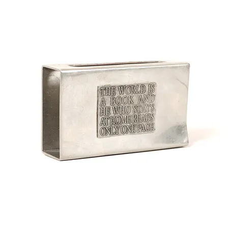 Tändsticksfodral, Estrid Ericson för Firma Svenskt Tenn, tenn, påse och kartong, slitage, bucklor, repor.