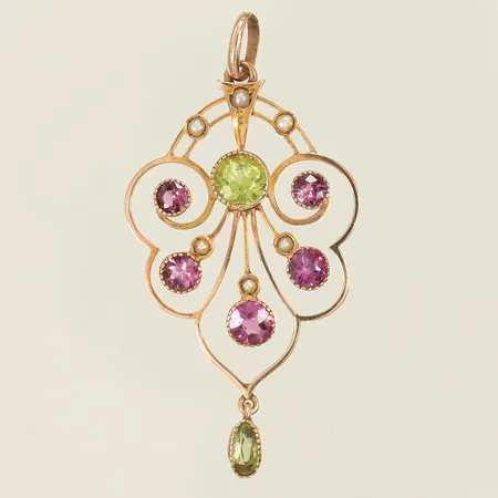 Hänge med färgstenar och pärlor, 40mm exkl ögla, bredd 33mm, 9K 2,5g totalt.
