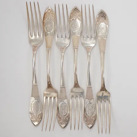 6 Matgafflar, modell Empire, 21,2cm, monogramgravyr, K.Anderson år 1907, silver,  Vikt: 454,2 g