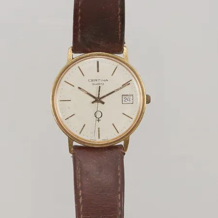 Herrur Certina 18K, 33mm, quartz, batteribyte krävs, gravyr, läderband, går ej. 