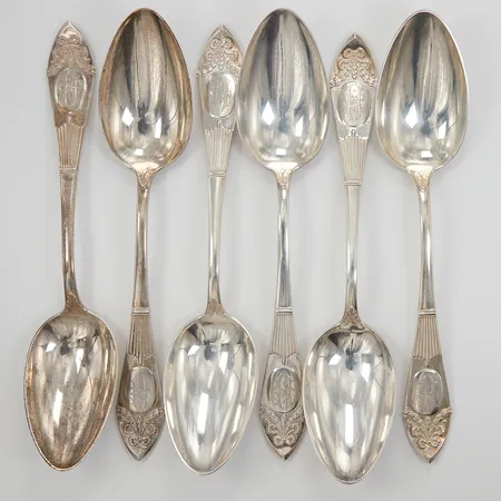 6 Serveringsskedar, modell Empire, 21,5cm, monogramgravyr, K.Anderson år 1907, silver,  Vikt: 453,5 g