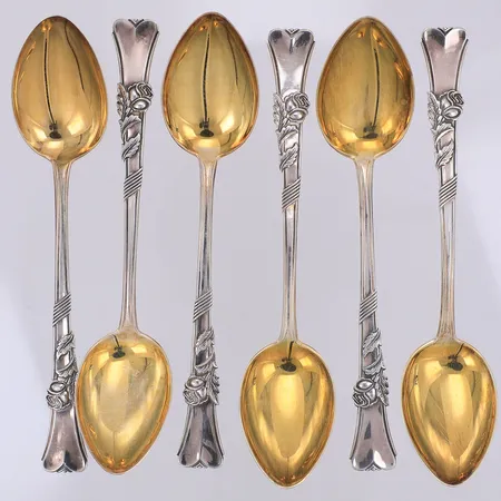 6 Kaffeskedar, ros, förgylld sked, 11,2cm, Räsänen år 1977, 830/1000 silver Vikt: 50,4 g