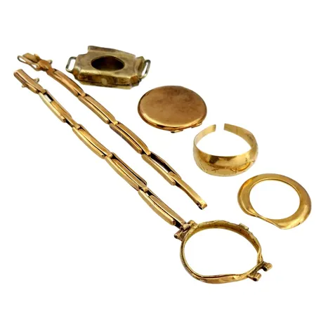 Parti guld, 14-18K, defekt klocka, ring, 18K, bruttovikt 10,8g, defekt boett, 14K guld, 2,0g