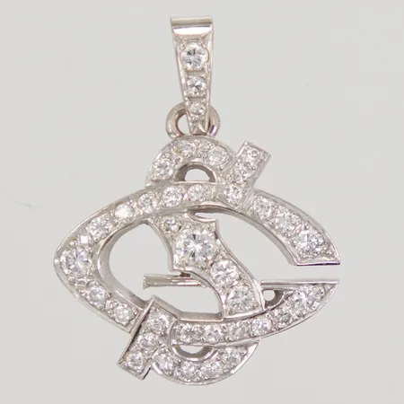 Hänge med diamanter 38 diamanter totalt 0,85ctv, Bokstav S, längd inklusive ögla 27mm, bredd 20,5mm, vitguld, 18K, Vikt: 3,5 g