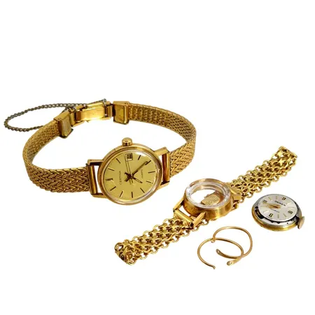 Parti guld, 2 damur, örhängen, defekter, Certinaklockans (totalt 23,6g) länk i stål, bruttovikt 