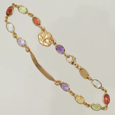 Armband med platta och färgade stenar, längd ca, 17,5cm, bredd, 1-5mm (sliten, gravyr) 18K, bruttovikt 4,9g guldvikt ca 3,4g 