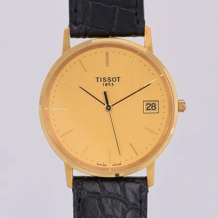 Herrur Tissot, Ø34mm, 18K, datum, quartz, fungerar, ingen gravyr, läderband original, originalask