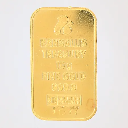 Guldtacka Kansallis Treasury, Melter Assayer, 31,5x18,5mm, serie-nr: 01972, fine gold 999,9, litet nagg, 24K Vikt: 10 g