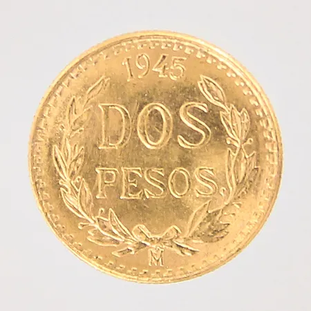 Mynt, Dos pesos, Estados Unidos Mexicanos, 1945, Ø12,9mm, 21K Vikt: 1,7 g