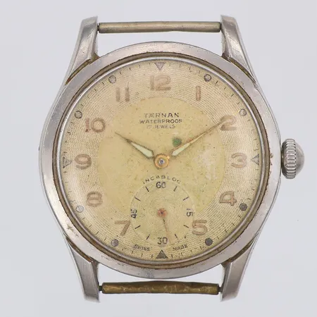 Herrur Tärnan, liten sekundvisare, manuell, Ø36mm, missfärgad urtavla, repig glas & baksida, trög krona, saknar band