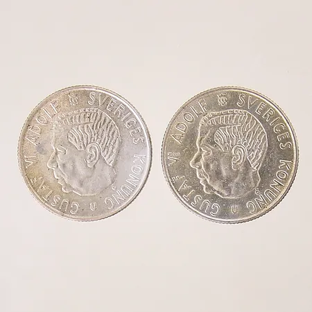 Mynt 2st, Gustaf VI Adolf Sveriges Konung, 2kr, Ø31mm, Plikten framför allt, 1965, silver 400/1000 Vikt: 28,1 g
