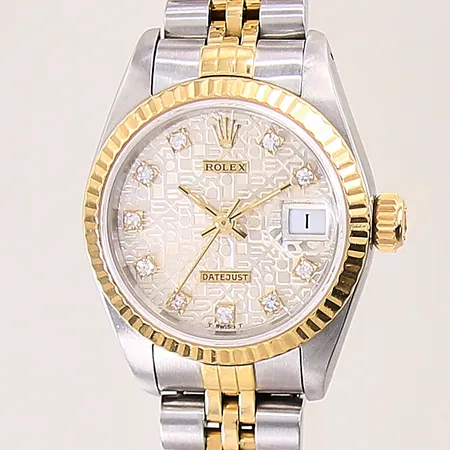 Damur Rolex Datejust, ''Computer Dial'', stål/guld, automatisk, ref-nr: 69173, serie-nr: L486968, boett-nr: 69000A, kaliber: 2135, verk-nr: 1329104, datum, Ø26mm, safirglas, diamantindex, jubiléelänk i stål/guld, boett samt länk med mindre repor, länk med slitage, box med slitage, reseetui, originaltags, servicekort från Rob Engström, extra länkbitar