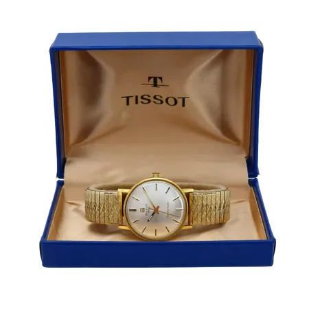 Herrur Tissot Seastar Seven, 18K guld, Ø33,5 mm, manuell - fungerar, gravyr: För nit och redlighet + namn, universal flexlänk i stål,  bruksmärken, originalbox Vikt: 0 g