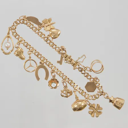 Armband, Bismarck, ca 19cm, berlocker, slitna länkar, 18K 17,5g.