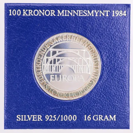 Minnesmynt riksdagen 1984, nominellt värde 100kr, 925/1000 silver, etui Vikt: 16 g