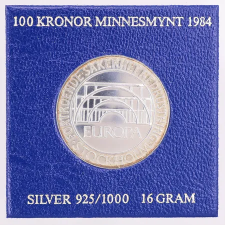 Minnesmynt riksdagen 1984, nominellt värde 100kr, 925/1000 silver, etui Vikt: 16 g