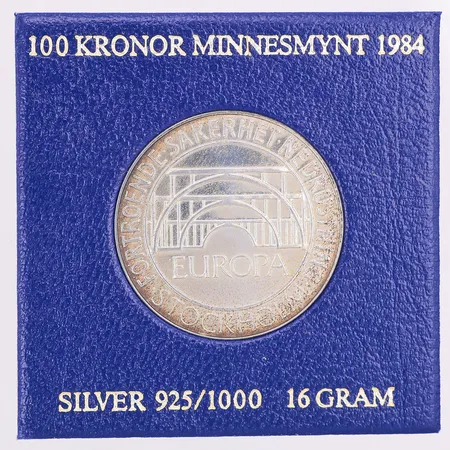 Minnesmynt riksdagen 1984, nominellt värde 100kr, 925/1000 silver, etui Vikt: 16 g