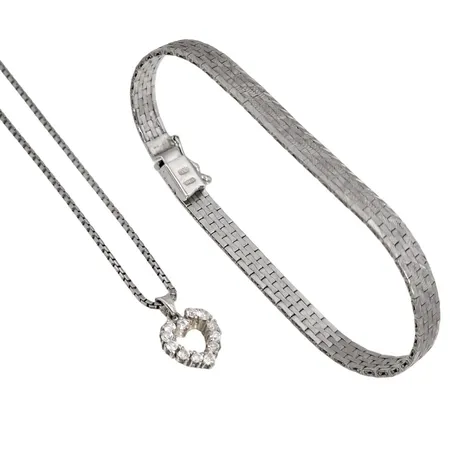 Silversmycken, 835-925/1000, Halskedja med Hänge Hjärta, vita stenar, längd 70 cm, hänge längd inkl. ögla 16,5 mm, bredd 11 mm, Armband längd 18,5 cm, bredd 5 mm, stenar utan anmärkning  Vikt: 18,9 g