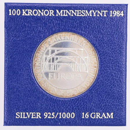 Minnesmynt riksdagen 1984, nominellt värde 100kr, 925/1000 silver, etui Vikt: 16 g