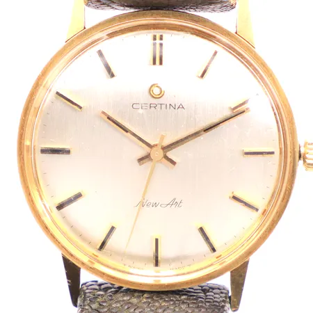 Herrur mekanisk, Certina New Art, Ø33¾, 14k, skinnband, orginalbox, gravyr 